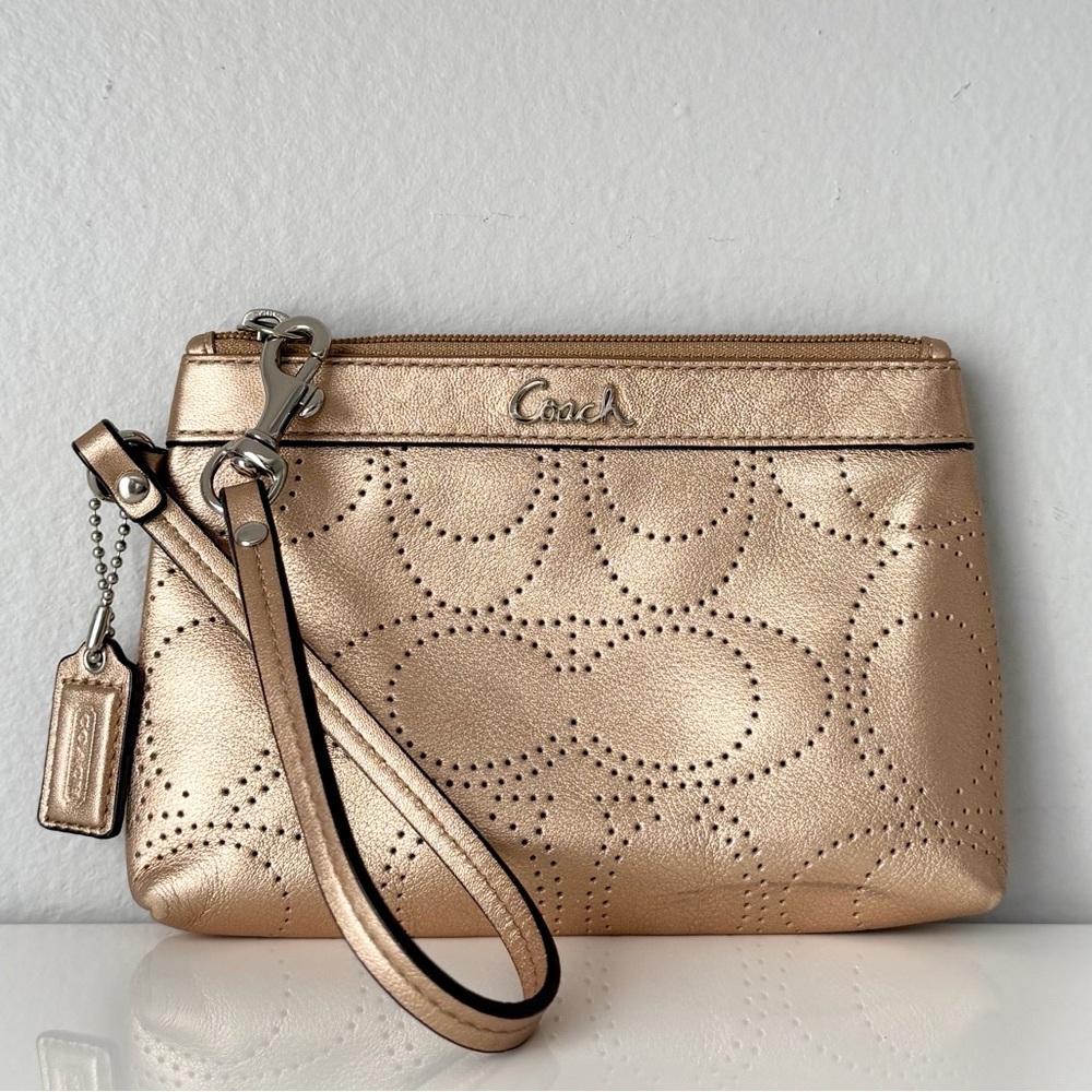 Coach Ashley Perforated Signature C Metallic Leather Wristlet